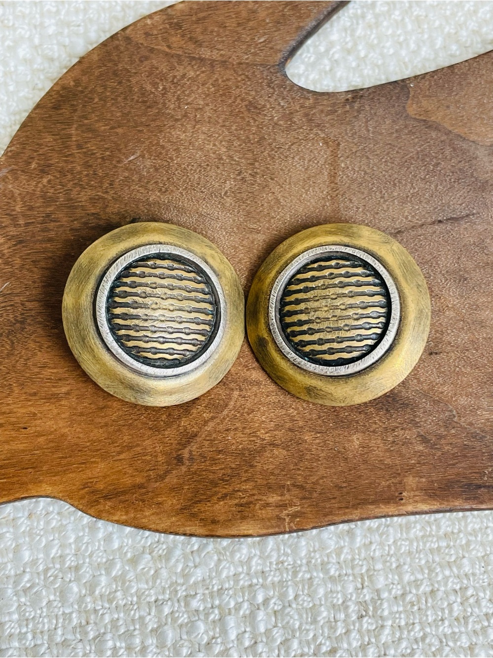 Marjorie Baer Vintage Brass-Tone Round Textured Clip-on Earrings 1"